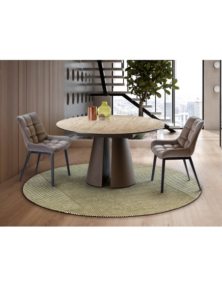 Mesa redonda SAMARA 138 cm, símil travertino y marrón óxido