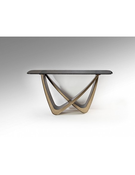 Consola de design GENESIS 150 em bronze e vidro cinzento texturizado.