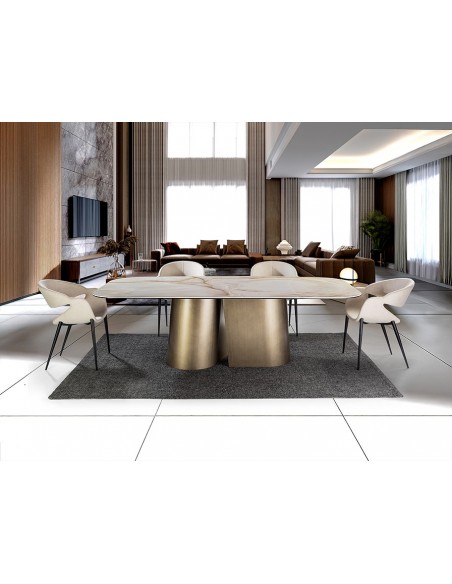 Mesa de diseño NUMA 240x120 en latón cepillado y mármol