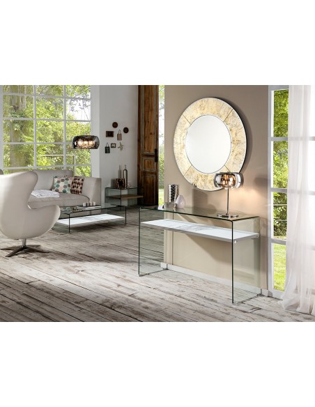 Consola recibidor de cristal curvado SONOMA 125x40, estante en símil mármol