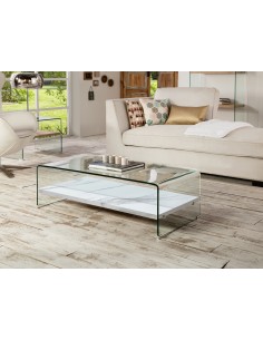 Mesa de centro SONOMA em vidro curvo e símil mármore branco