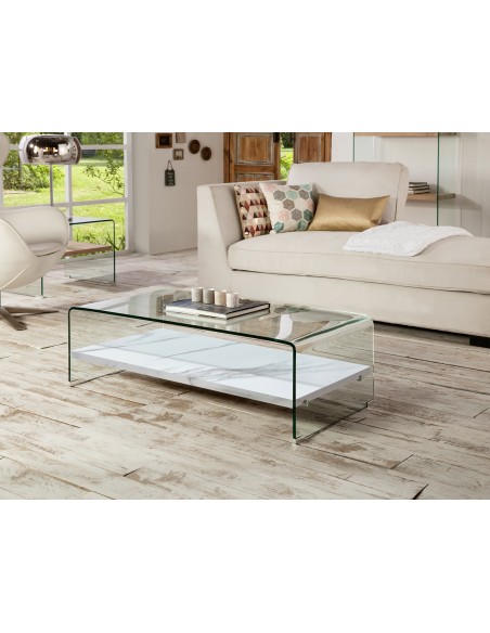 Mesa de centro SONOMA em vidro curvo e símil mármore branco