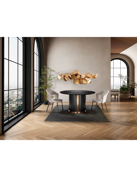 Mesa de diseño italiano Redonda ZOLO 135, Mármol, roble y Oro Rosa