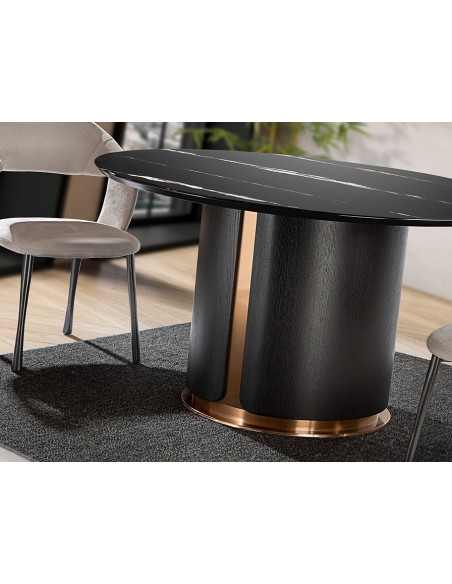 Mesa redonda de design italiano ZOLO 135, em mármore, carvalho e ouro rosa.