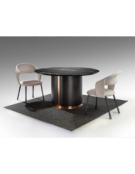 Mesa redonda de design italiano ZOLO 135, em mármore, carvalho e ouro rosa.