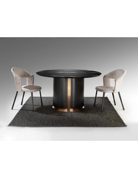 Mesa redonda de design italiano ZOLO 135, em mármore, carvalho e ouro rosa.