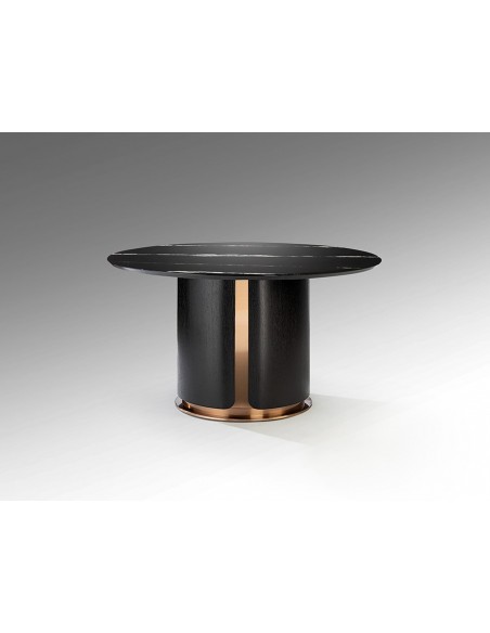 Mesa redonda de design italiano ZOLO 135, em mármore, carvalho e ouro rosa.