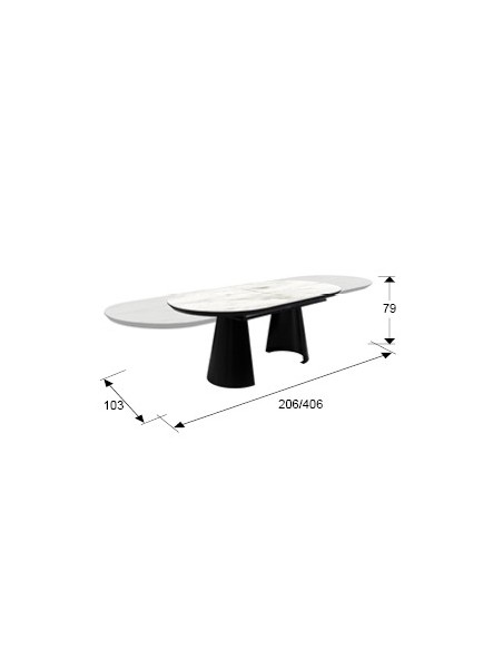 Mesa de diseño Extensible grande CAPRI 206 a 406 cm, Mármol Blanco y metal Negro