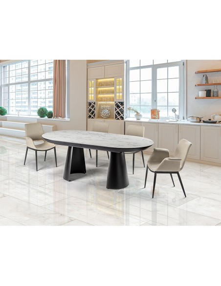 Mesa de diseño Extensible grande CAPRI 206 a 406 cm, Mármol Blanco y metal Negro