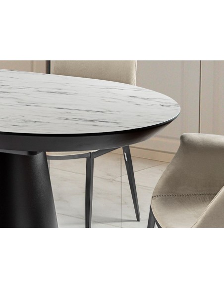 Mesa de design extensível grande CAPRI, de 206 a 406 cm, mármore branco e metal preto.