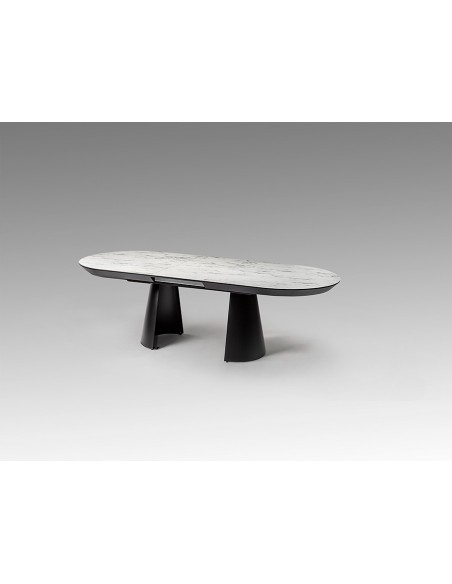 Mesa de design extensível grande CAPRI, de 206 a 406 cm, mármore branco e metal preto.