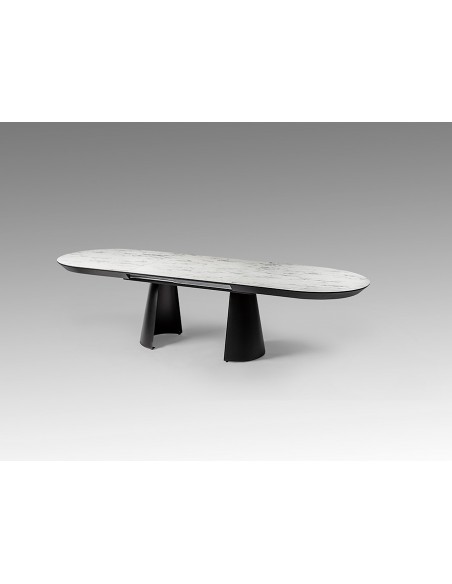 Mesa de diseño Extensible grande CAPRI 206 a 406 cm, Mármol Blanco y metal Negro