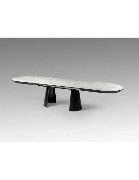 Mesa de design extensível grande CAPRI, de 206 a 406 cm, mármore branco e metal preto.