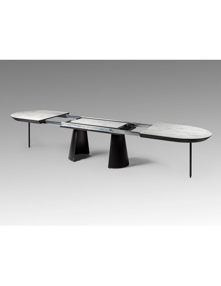 Mesa de design extensível grande CAPRI, de 206 a 406 cm, mármore branco e metal preto.