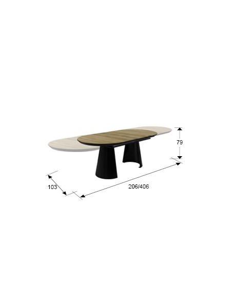 Mesa de diseño extensible grande CAPRI 206 a 406 cm, madera y metal negro