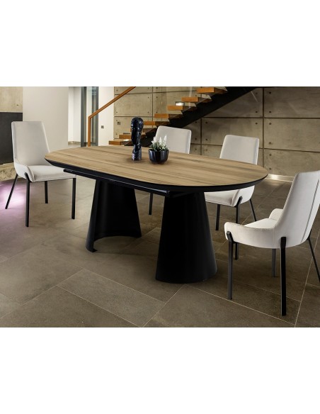 Mesa de diseño extensible grande CAPRI 206 a 406 cm, madera y metal negro