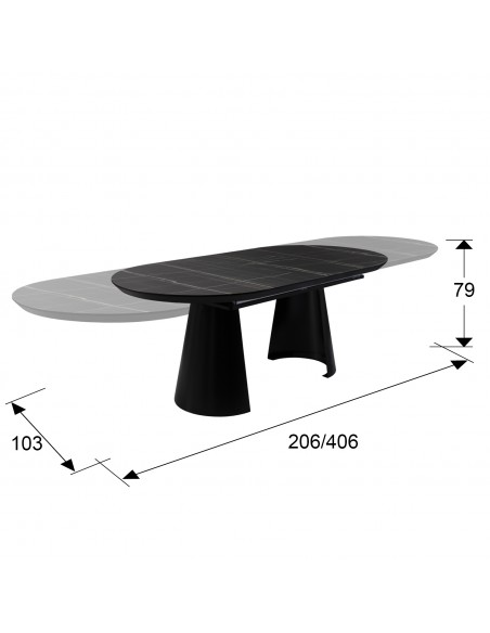 Mesa de design grande CAPRI de 206 a 406 cm. Melamina cor mármore e metal preto.