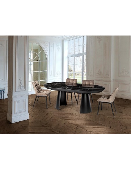 Mesa de design grande CAPRI de 206 a 406 cm. Melamina cor mármore e metal preto.