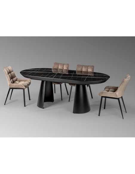 Mesa de design grande CAPRI de 206 a 406 cm. Melamina cor mármore e metal preto.