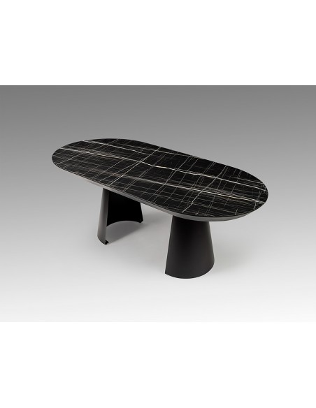 Mesa de design grande CAPRI de 206 a 406 cm. Melamina cor mármore e metal preto.