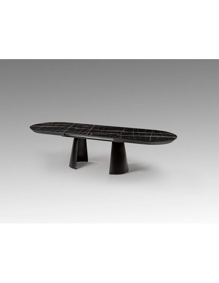 Mesa de design grande CAPRI de 206 a 406 cm. Melamina cor mármore e metal preto.