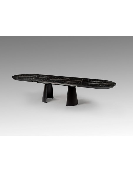 Mesa de diseño grande CAPRI 206 a 406 cm. Melamina mármol y metal negro