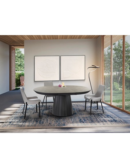 Mesa redonda extensível KORIA, 130 a 230 cm, MDF em melamina e pedra.