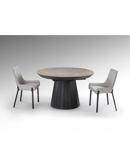Mesa redonda extensível KORIA, 130 a 230 cm, MDF em melamina e pedra.