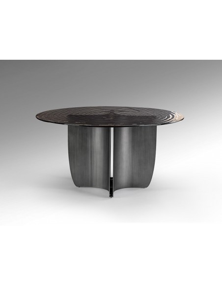 Mesa redonda de diseño italiano NIGHT 150 cm, Cristal Gris Termomoldeado y Base Plomo Patinado