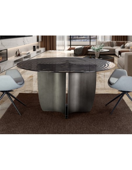 Mesa redonda de diseño italiano NIGHT 150 cm, Cristal Gris Termomoldeado y Base Plomo Patinado