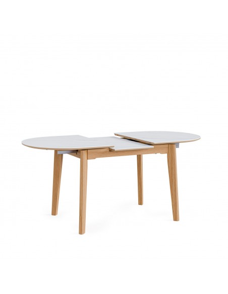 Mesa extensible porcelánico blanco VELMA 140(180) x 85 y base Roble