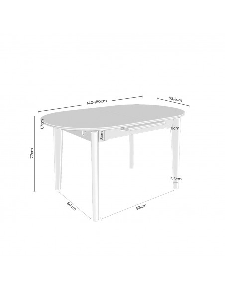 Mesa extensível em porcelânico branco VELMA 140(180) x 85 com base carvalho.