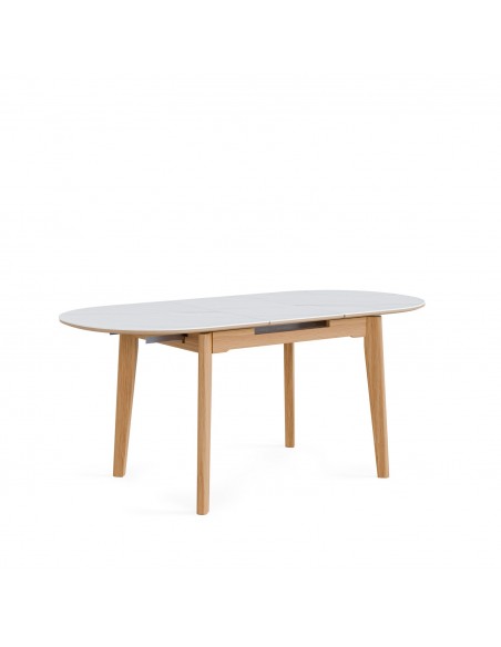 Mesa extensible porcelánico blanco VELMA 140(180) x 85 y base Roble