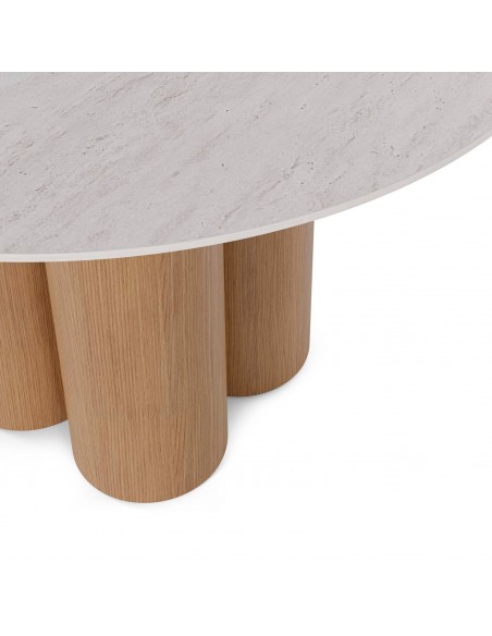 Mesa redonda en porcelánico Travertino TRACY 120 cm y base Roble
