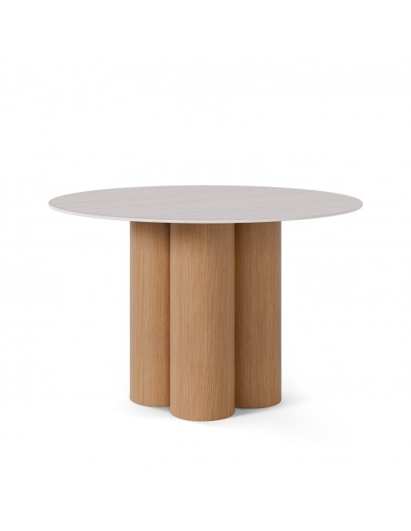 Mesa redonda en porcelánico Travertino TRACY 120 cm y base Roble