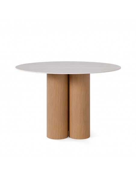 Mesa redonda en porcelánico Travertino TRACY 120 cm y base Roble