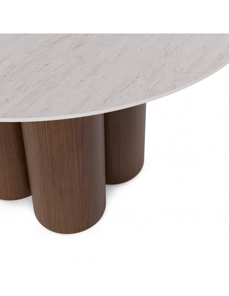 Mesa redonda em porcelânico Travertino TRACY 120 cm e base nogueira