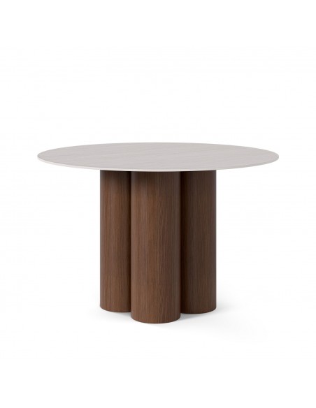 Mesa redonda en porcelánico Travertino TRACY 120 cm y base nogal