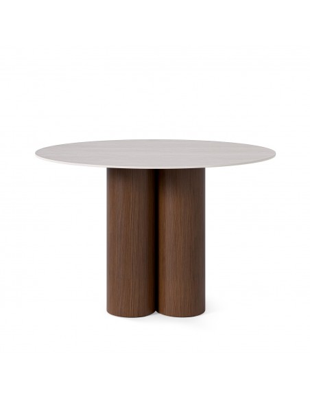 Mesa redonda em porcelânico Travertino TRACY 120 cm e base nogueira