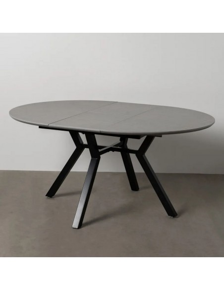 Mesa redonda extensível Gaia 120 (160), porcelânico cinza e metal preto.