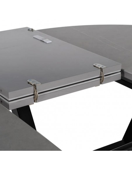 Mesa redonda extensível Gaia 120 (160), porcelânico cinza e metal preto.