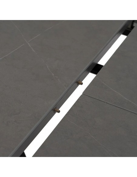 Mesa redonda extensível Gaia 120 (160), porcelânico cinza e metal preto.
