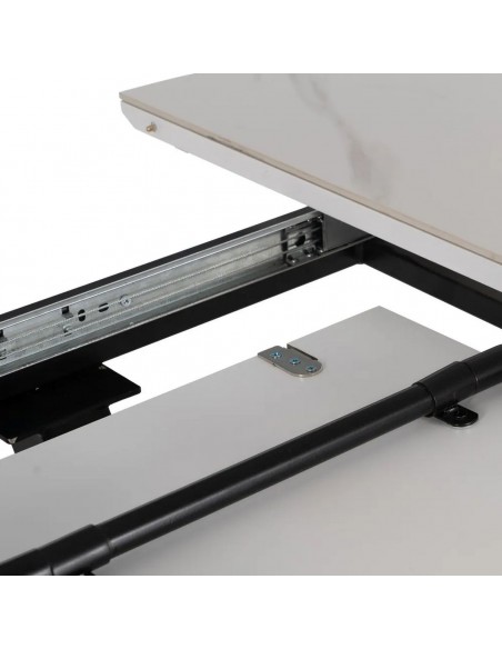 Mesa redonda extensible Gaia 120 (160) porcelánico blanco y metal negro