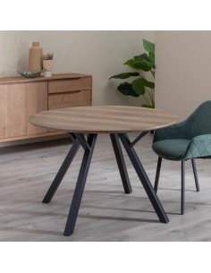 Mesa Comedor Redonda 120 BERNA, MDF nogal y metal negro 2