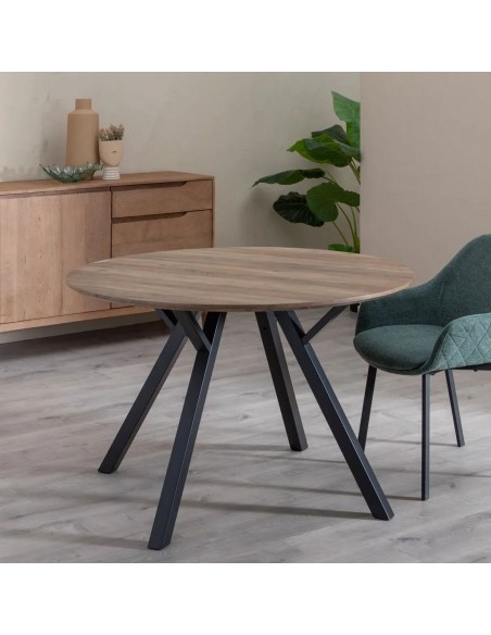 Mesa Comedor Redonda 120 BERNA, MDF nogal y metal negro