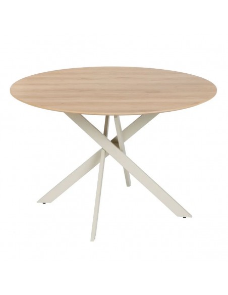 Mesa de jantar redonda Ruth 120, em tons naturais e creme, MDF e metal.