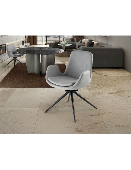 Poltrona giratória ZUNA em metal preto e estofamento em tecido com retorno automático