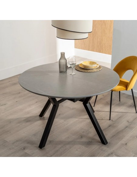 Mesa redonda extensible Gaia 120 (160) porcelánico gris y metal negro
