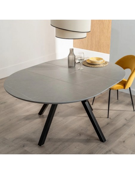 Mesa redonda extensible Gaia 120 (160) porcelánico gris y metal negro