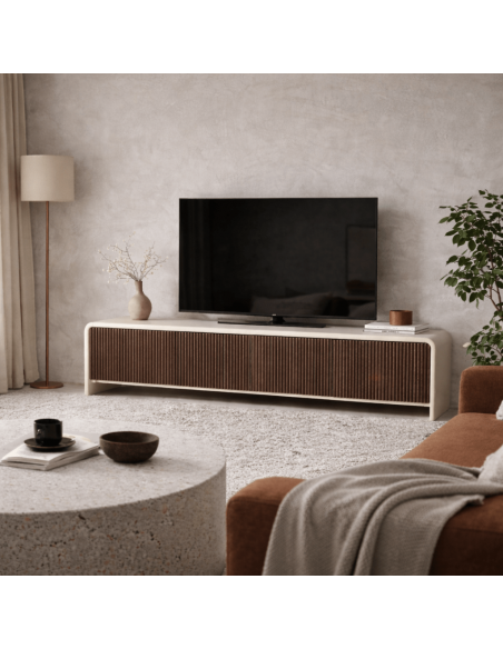 Mueble TV contemporáneo 200 x 40 MILHAR en madera de mango y MDF beige